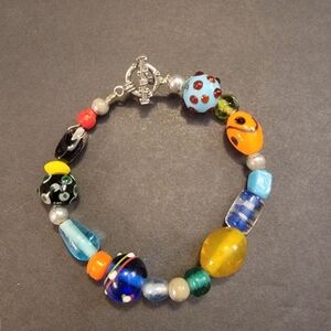 Glass Multi Color Artisan Bead Bracelet With Silvertone Toggle Clasp